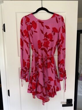 Vici Pink and Red Floral Long-Sleeve Tie-Waist Mini Tunic